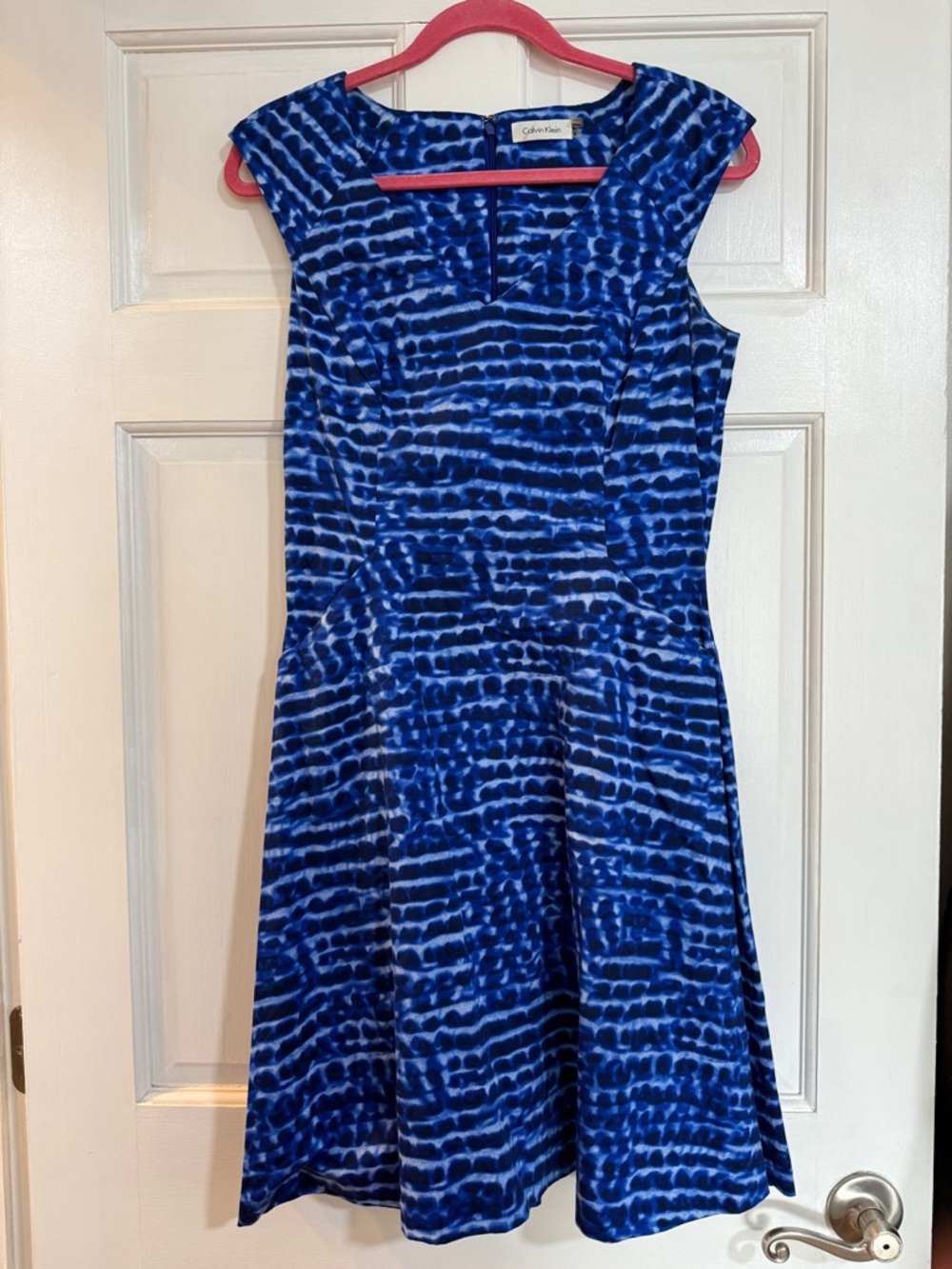Calvin Klein Royal Blue & White Patterned Fit-and-Flare Dress